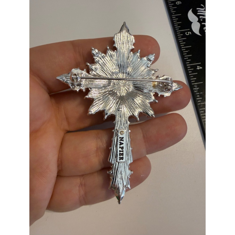 Napier Silver Tone Faux Pearl Rhinestone Cross Brooch Vintage Style Pin 3.5 Inch - Picture 3 of 3